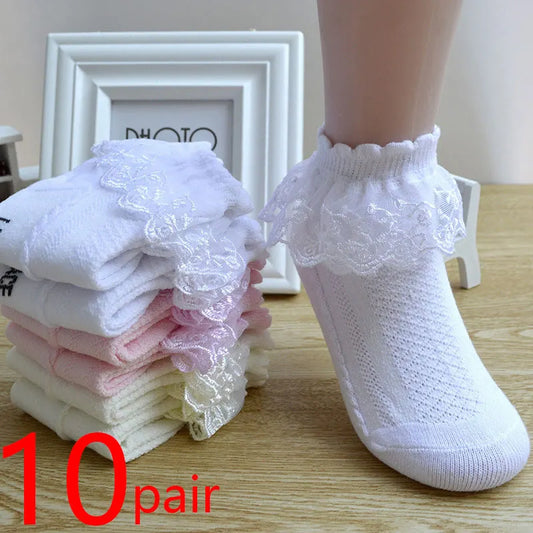 10 Pairs/lot Baby Girls Kids Socks Lace Ruffle Princess Mesh Children Ankle Short Breathable Cotton White Pink Blue Toddler Sock